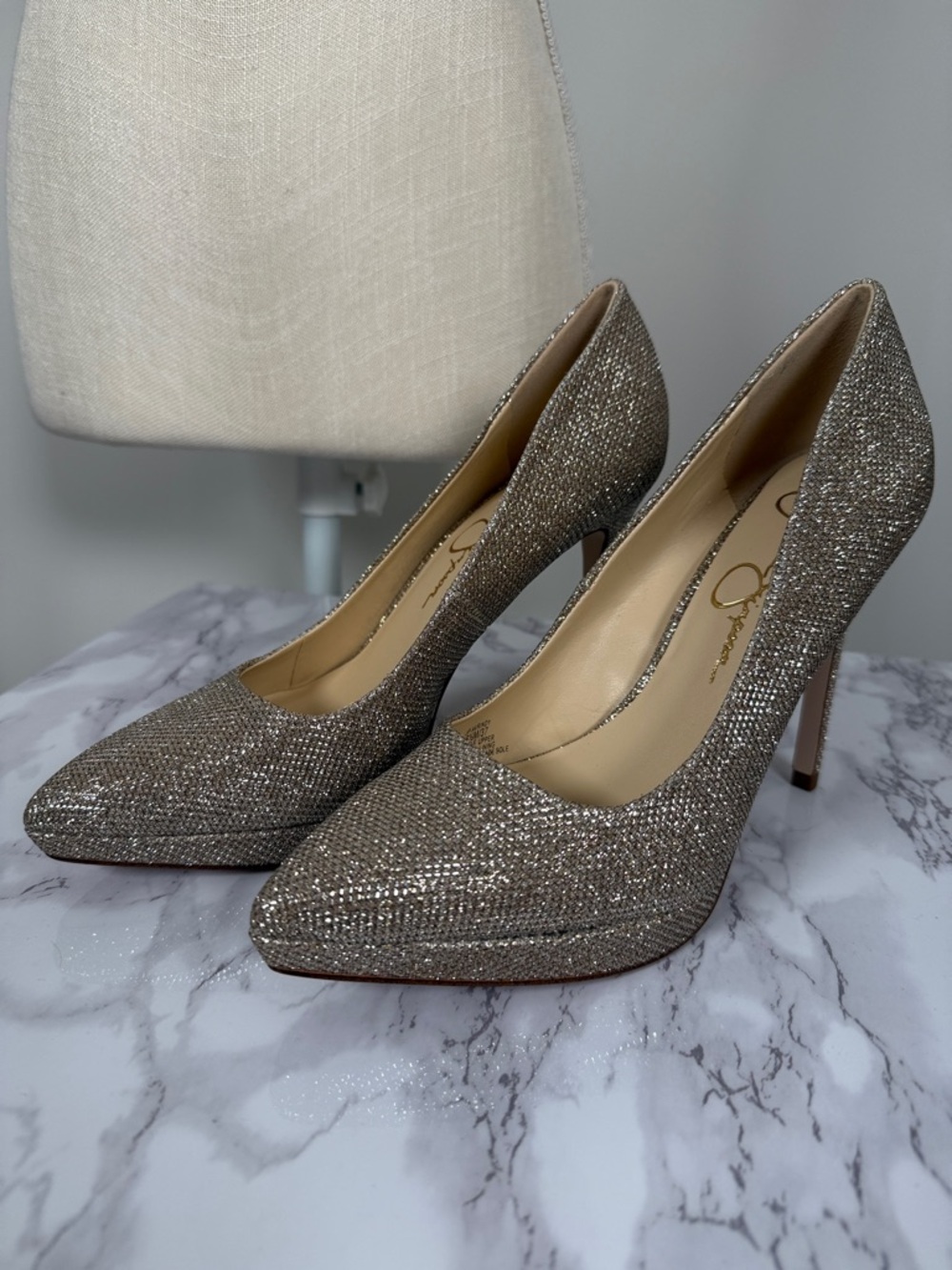 NEW!! Jessica Simpson Glitter Taupe Pointed Platform Toe Stilettos
